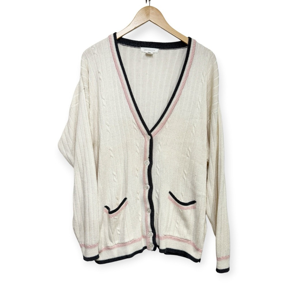 JNY Vintage Oversized Cable Knit Varsity Cardigan Tipped Trim Cream Pink Gray M